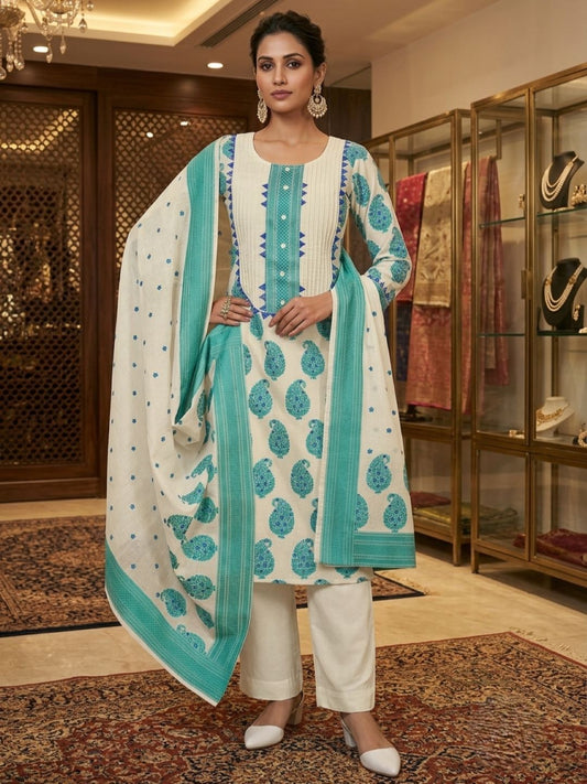 Cream And Turquoise Banarasi Chanderi Silk Kurta & Dupatta