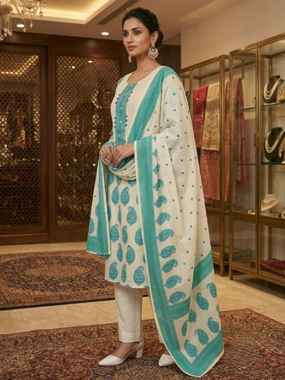 Cream And Turquoise Banarasi Chanderi Silk Kurta & Dupatta