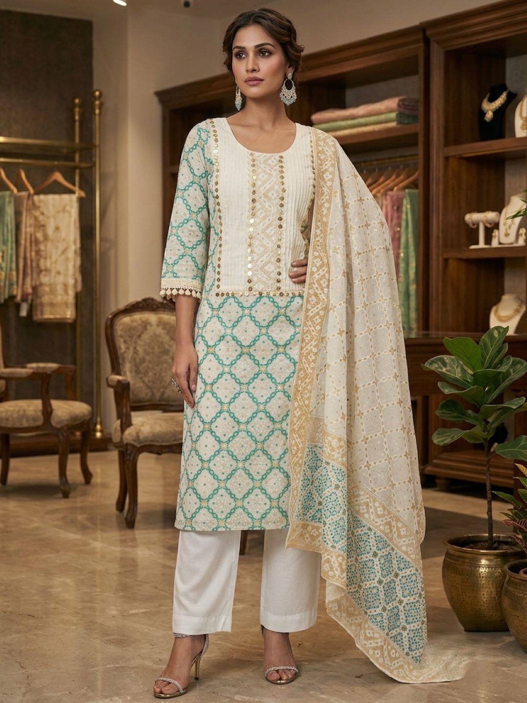 Cream Banarasi Chanderi Silk Kurta & Dupatta