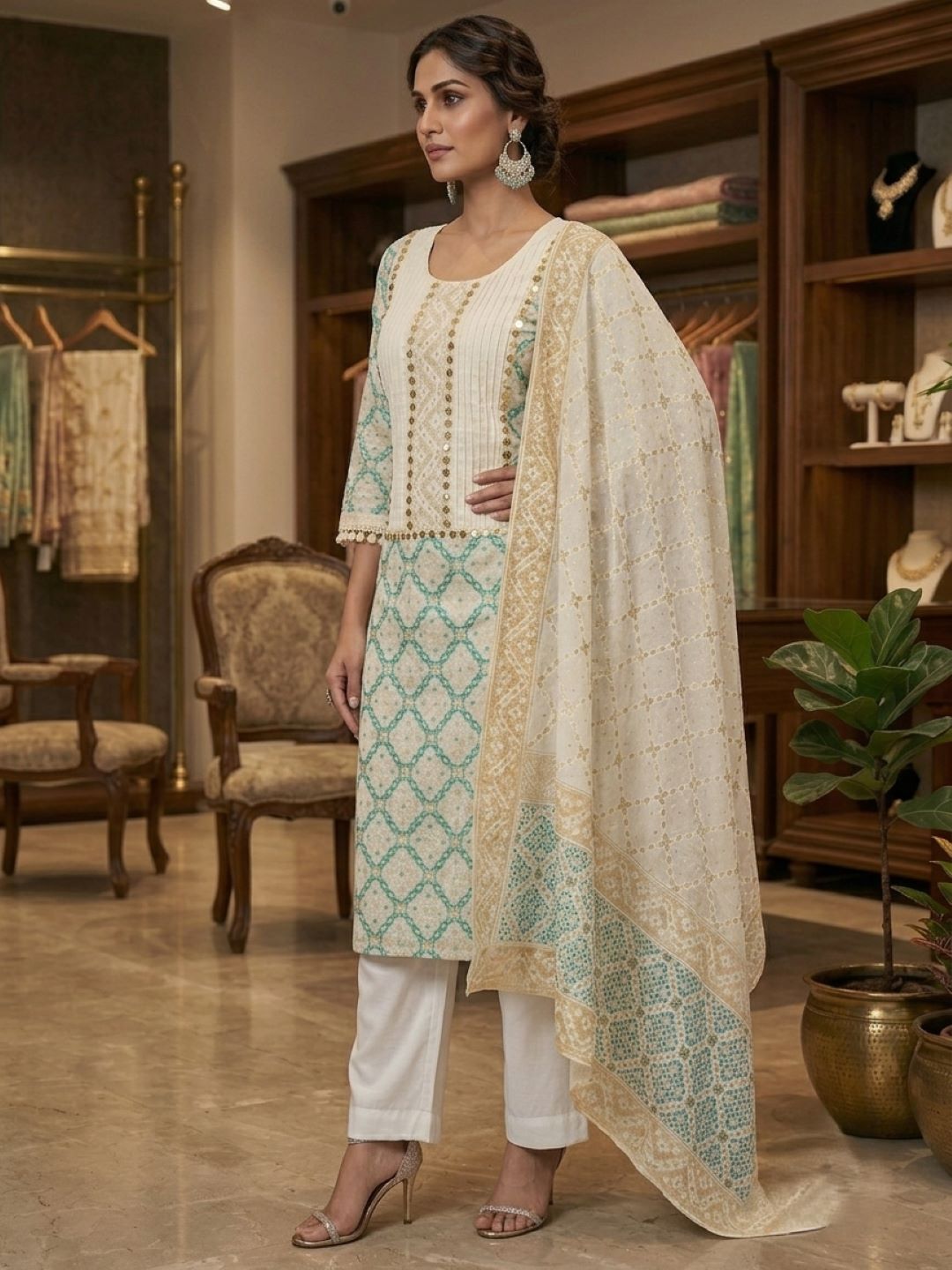 Cream Banarasi Chanderi Silk Kurta & Dupatta