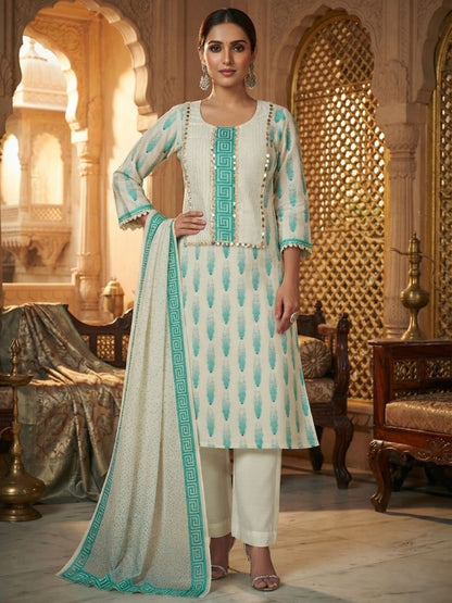 Cream & Turquoise Banarasi Chanderi Silk Kurta & Dupatta