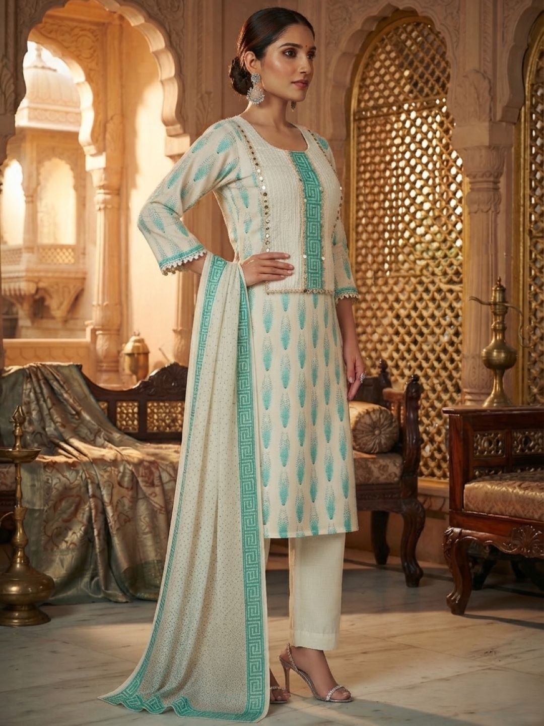 Cream & Turquoise Banarasi Chanderi Silk Kurta & Dupatta