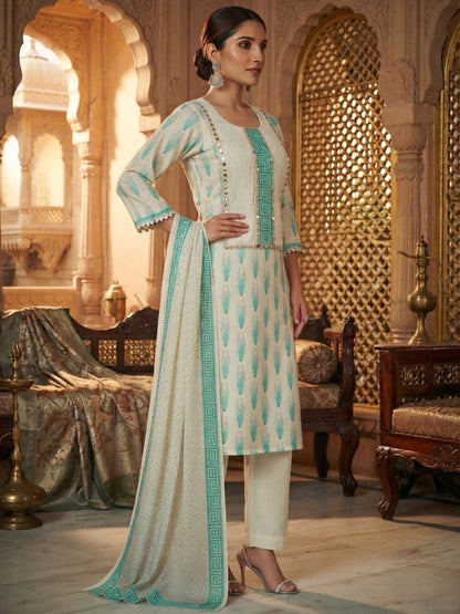 Cream & Turquoise Banarasi Chanderi Silk Kurta & Dupatta