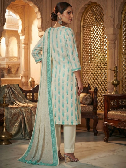 Cream & Turquoise Banarasi Chanderi Silk Kurta & Dupatta