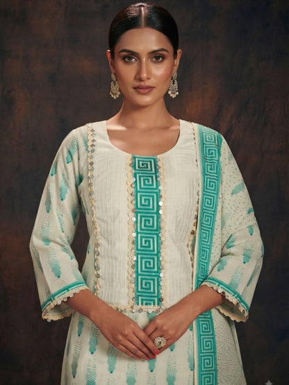 Cream & Turquoise Banarasi Chanderi Silk Kurta & Dupatta