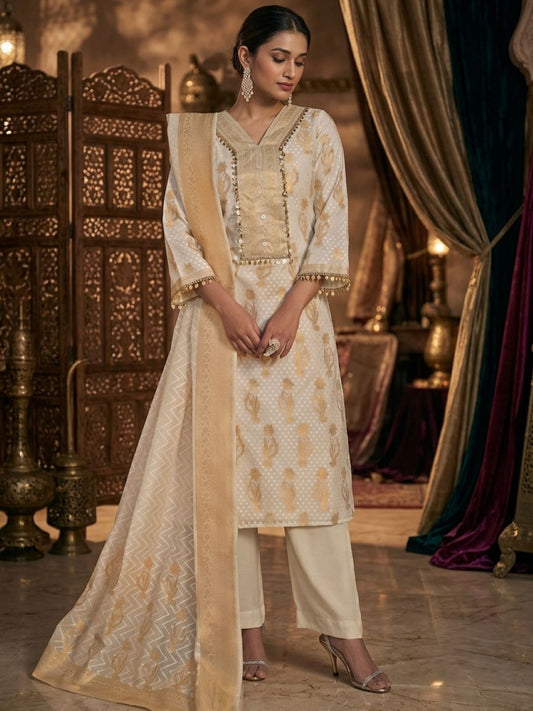 Gold and Cream Banarasi Chanderi Silk Kurta & Dupatta