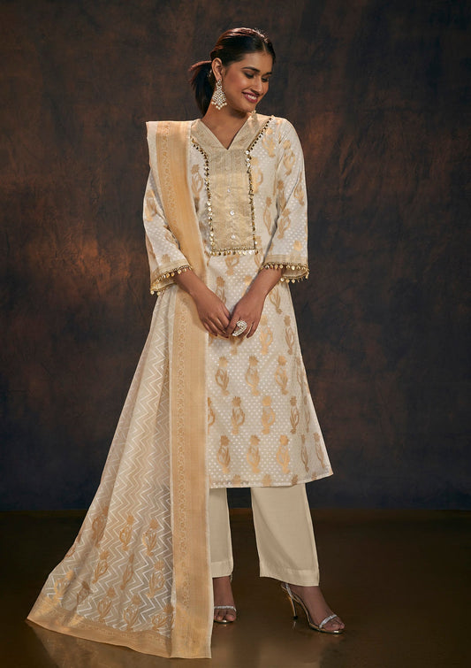 Gold and Cream Banarasi Chanderi Silk Kurta & Dupatta