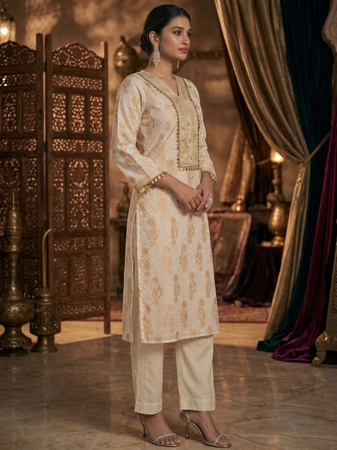 Gold and Cream Banarasi Chanderi Silk Kurta & Dupatta