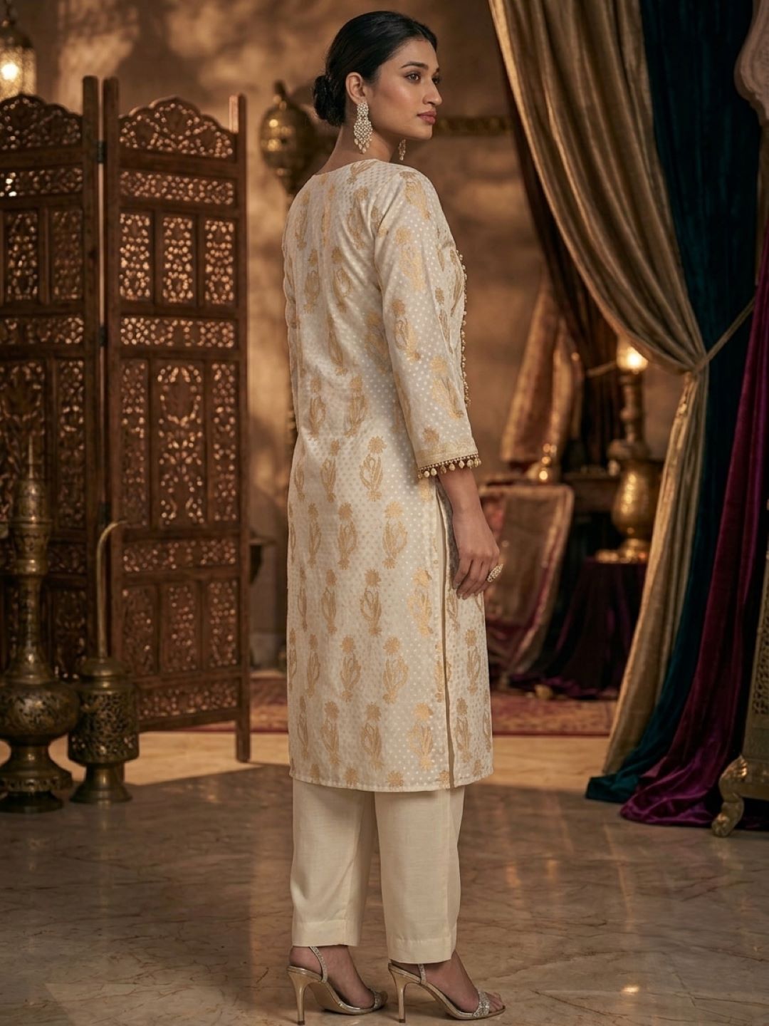 Gold and Cream Banarasi Chanderi Silk Kurta & Dupatta