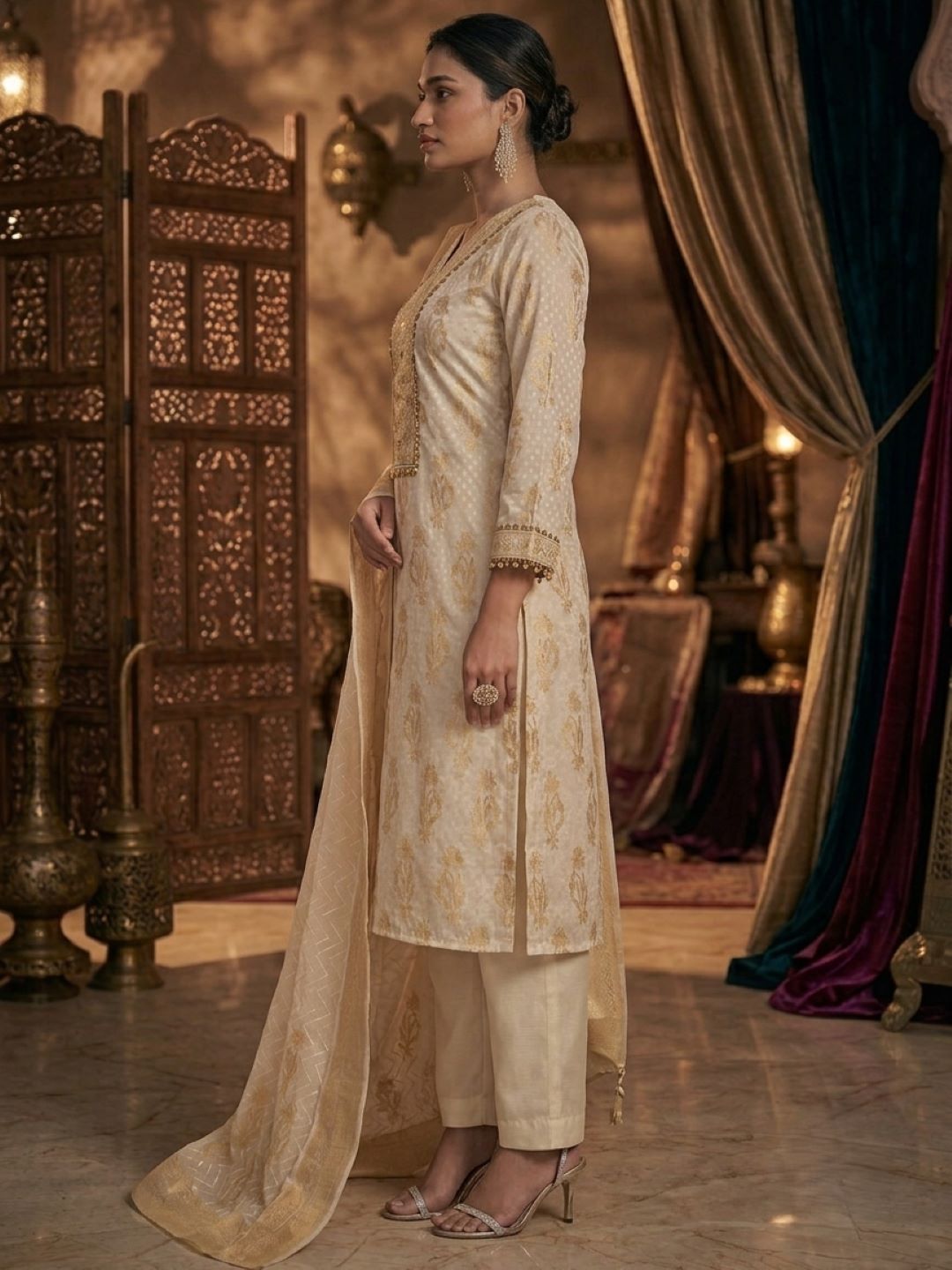 Gold and Cream Banarasi Chanderi Silk Kurta & Dupatta