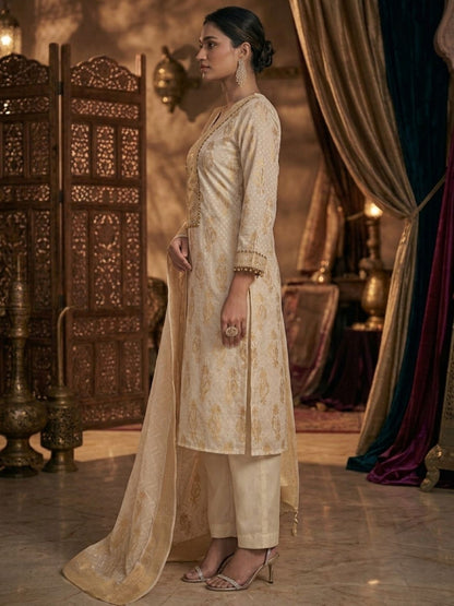 Gold and Cream Banarasi Chanderi Silk Kurta & Dupatta