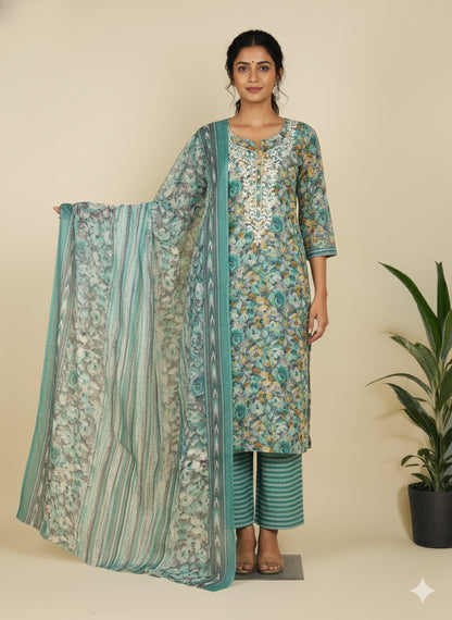 Cotton Embroidered Sea Green Unstitched Dress Material