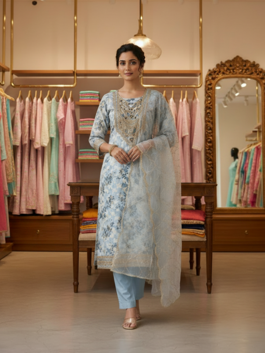 Chanderi Embroidered Blue Unstitched Dress Material