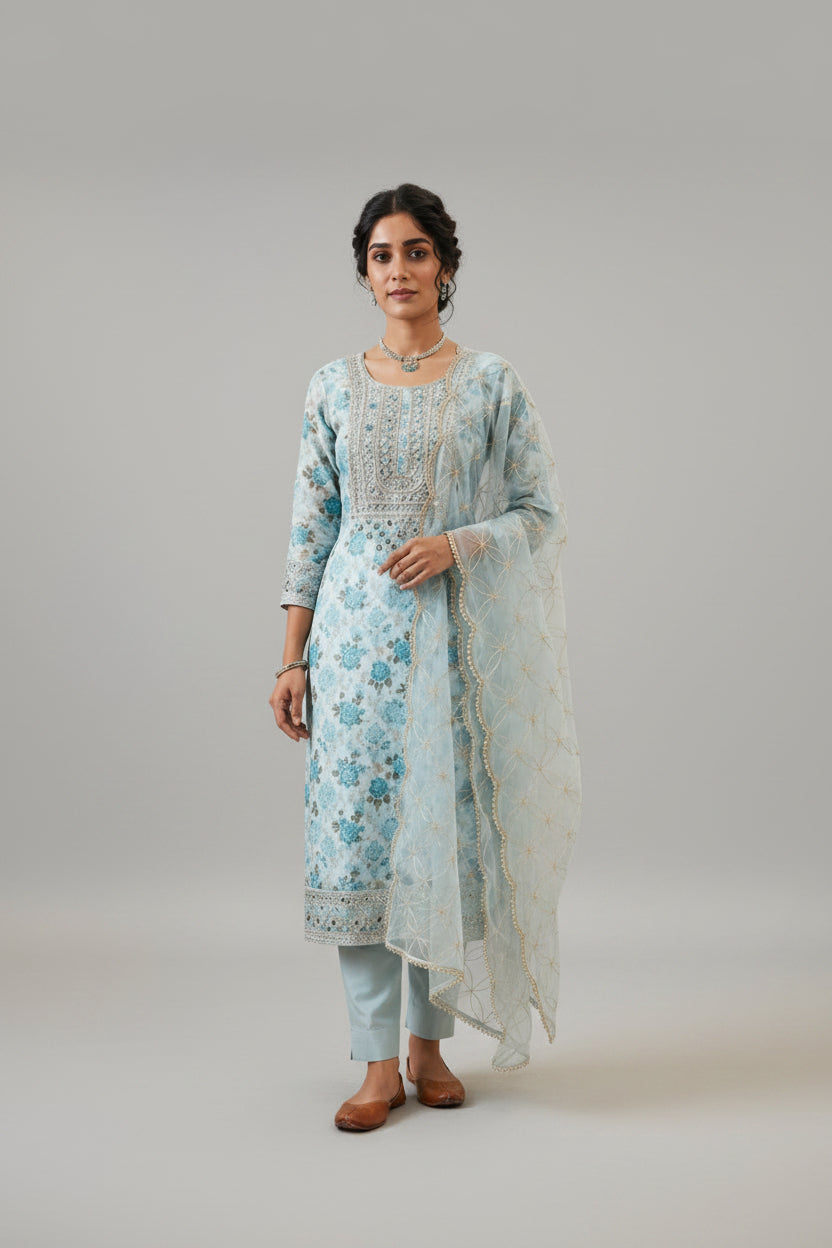 Chanderi Embroidered Green Unstitched Dress Material