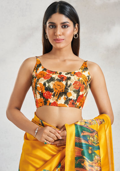 Yellow Silk Sleeveless Readymade Padded Blouse With Round Neck