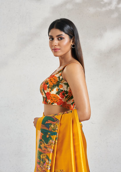 Yellow Silk Sleeveless Readymade Padded Blouse With Round Neck