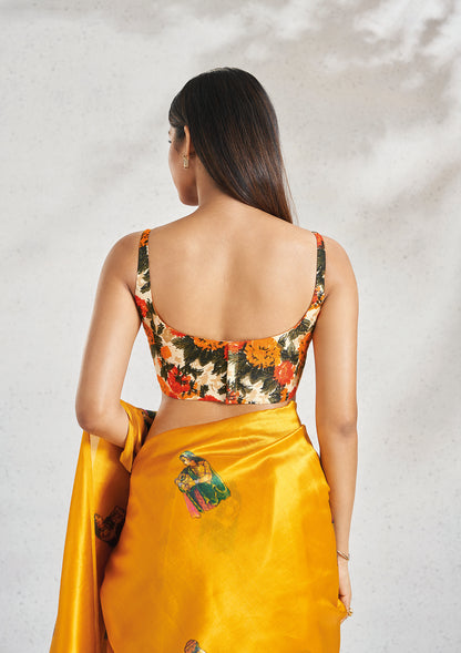 Yellow Silk Sleeveless Readymade Padded Blouse With Round Neck