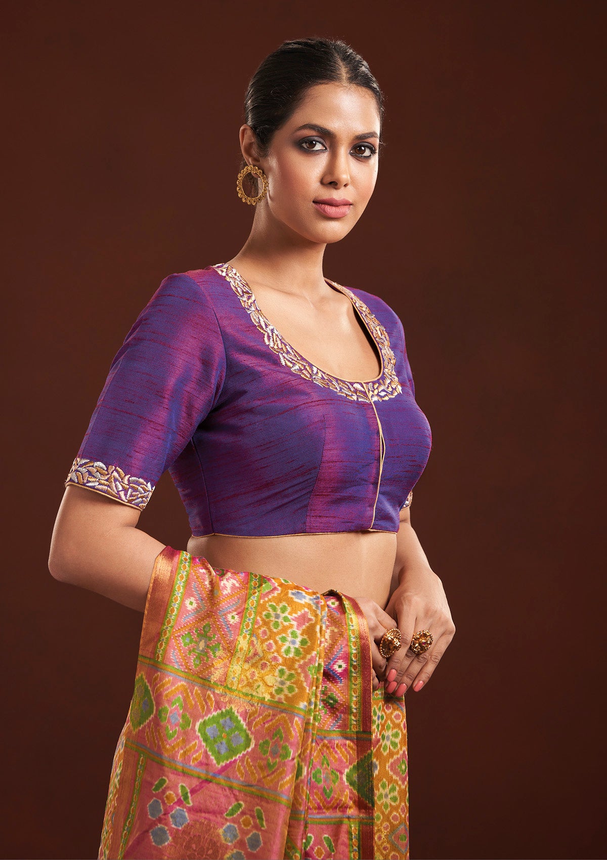 Shop Khaddi Georgette Violet Banarasi Saree Blouse Designs Online – Sunasa