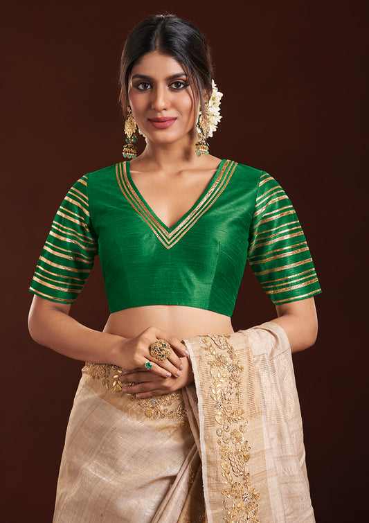 Green Silk V Neck Readymade Blouse