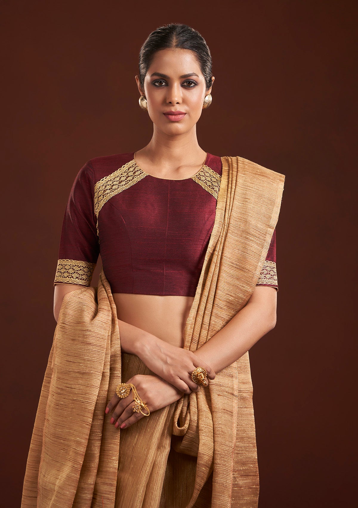 Buy House Of Blouse Maroon Silk Closed Neck Blouse with Keyhole