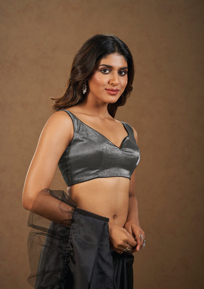 Grey Tissue Sleeveless Readymade Blouse