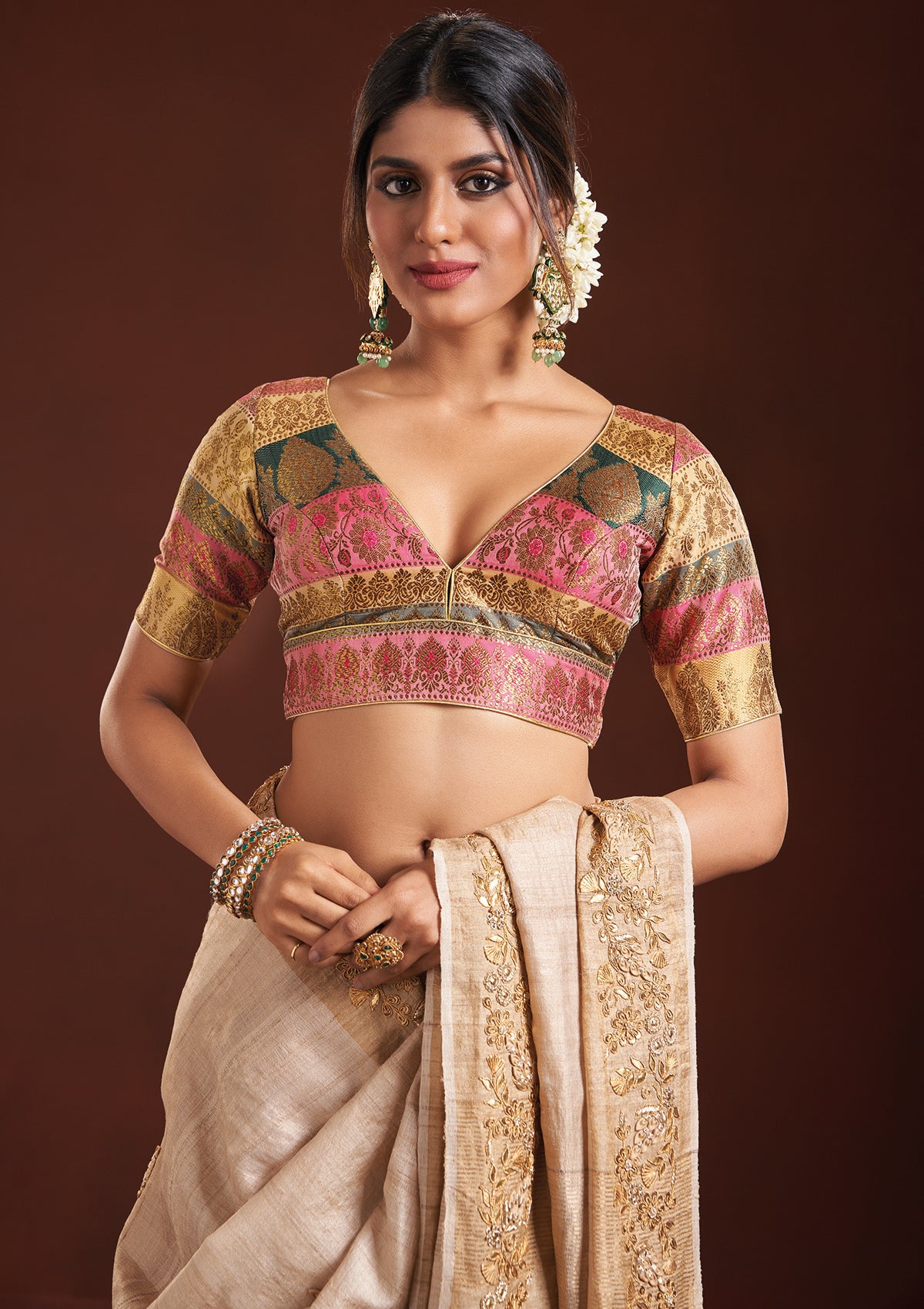 Gold brocade Plunging  blouse