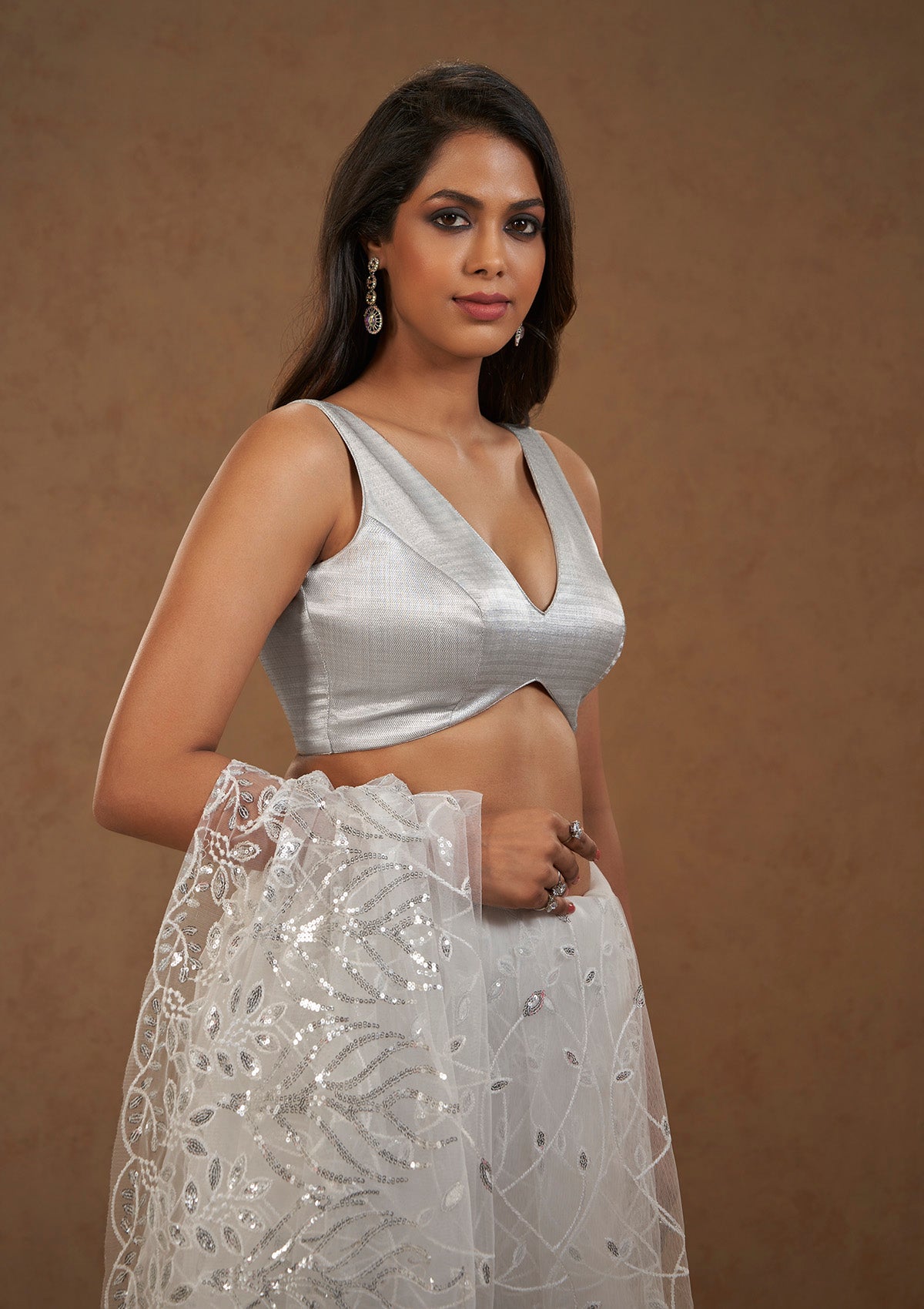 Silver Tissue Sleeveless Readymade Blouse