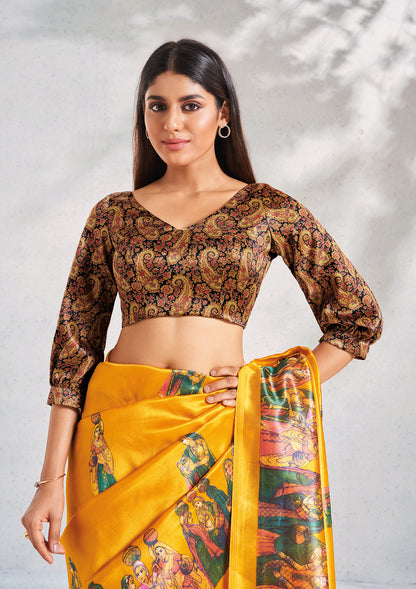 Yellow Satin V Neck Readymade Blouse