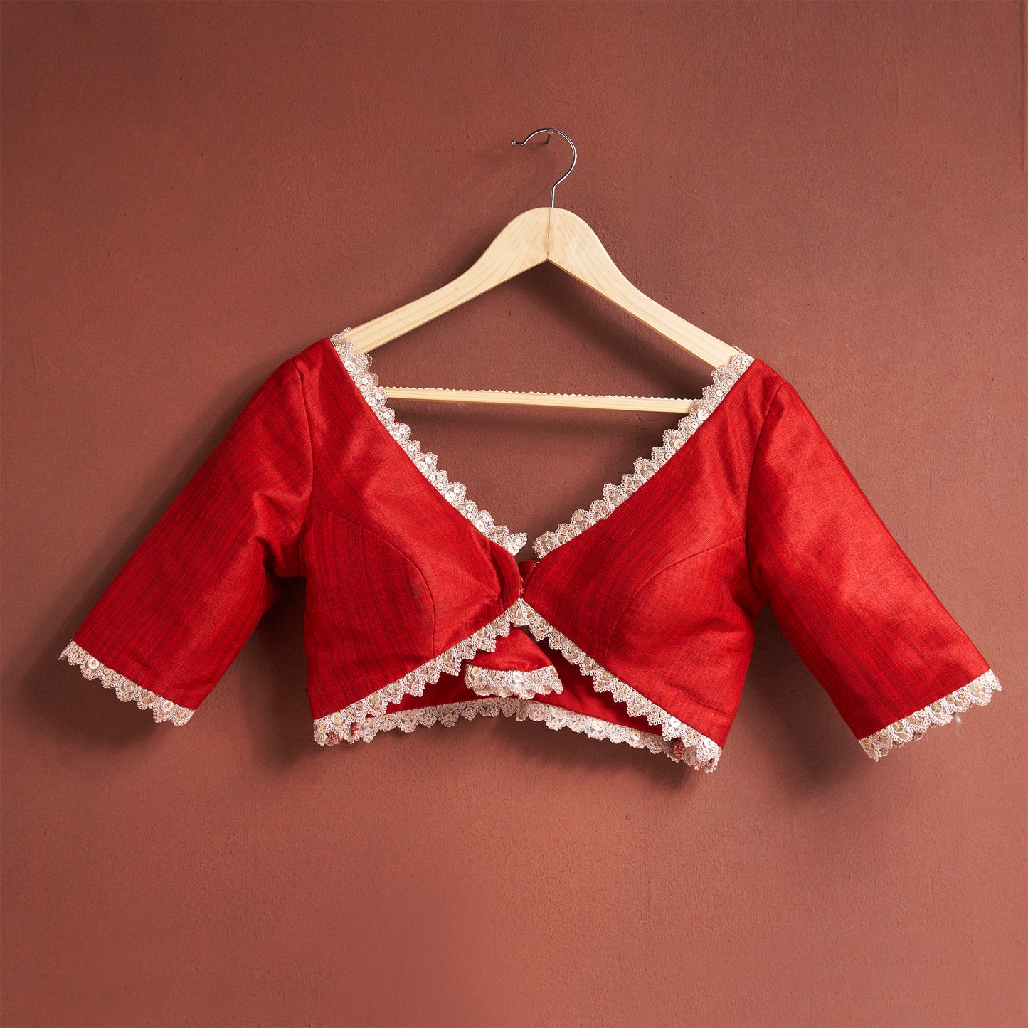 Red Silk V Neck Readymade Blouse