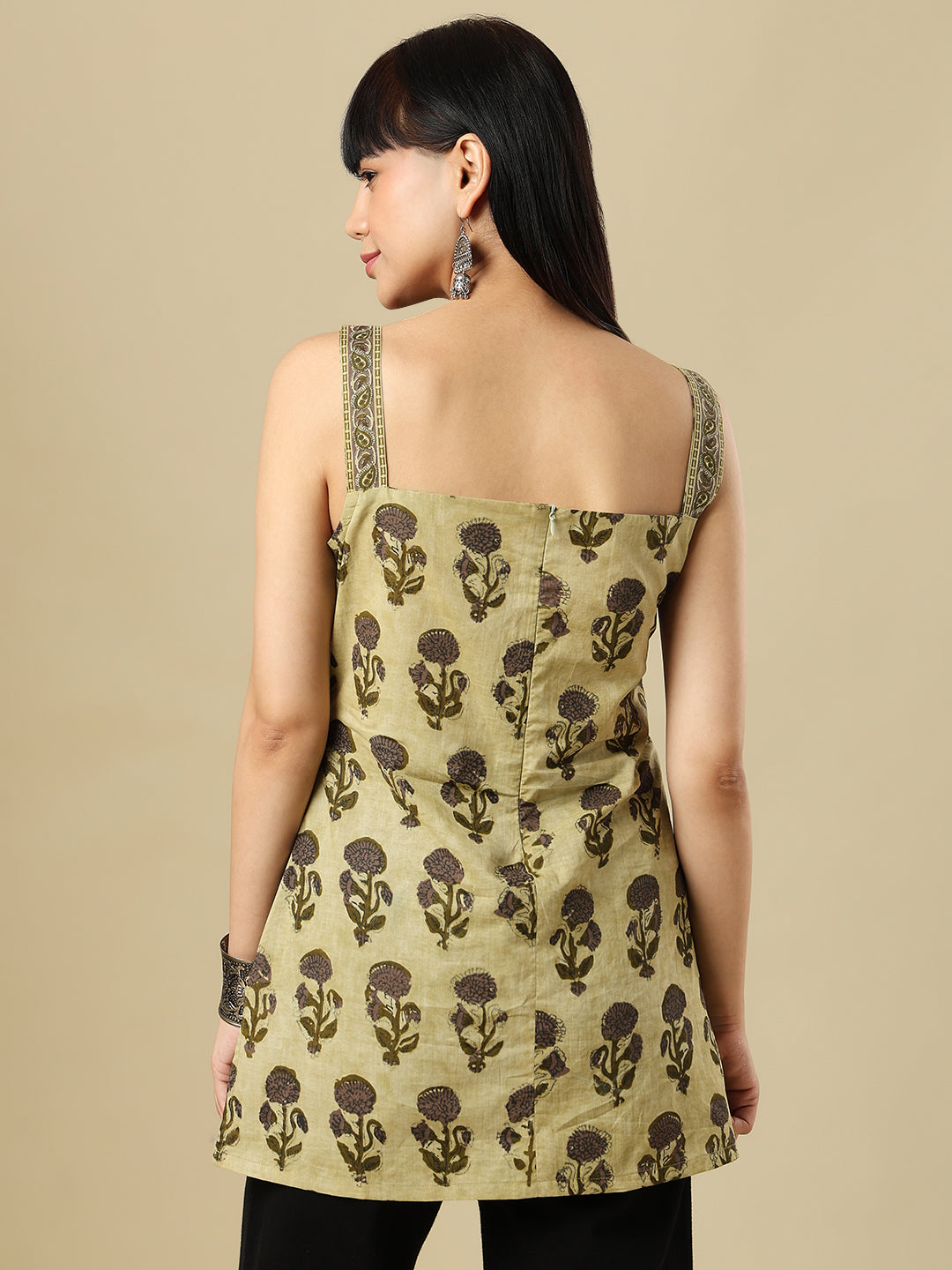 Olive Pure Cotton Hand Block Printed Short Kurti