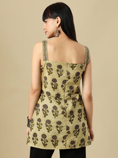 Olive Pure Cotton Hand Block Printed Short Kurti
