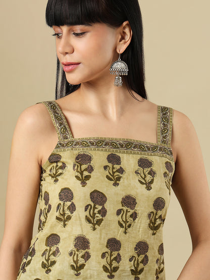 Olive Pure Cotton Hand Block Printed Short Kurti