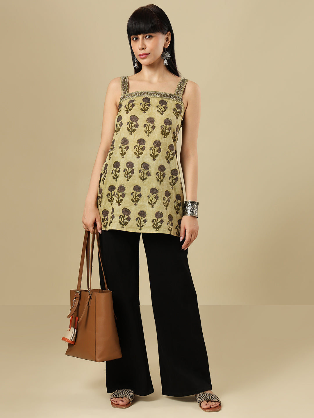 Olive Pure Cotton Hand Block Printed Short Kurti