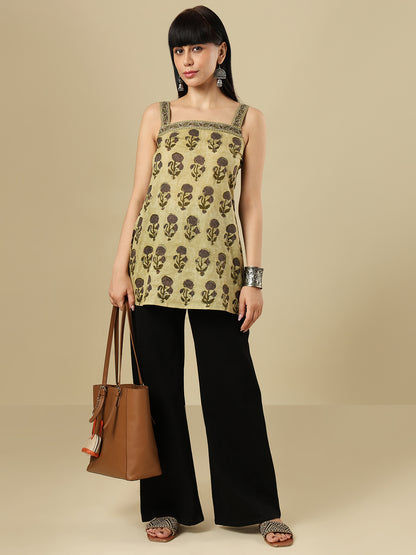 Olive Pure Cotton Hand Block Printed Short Kurti