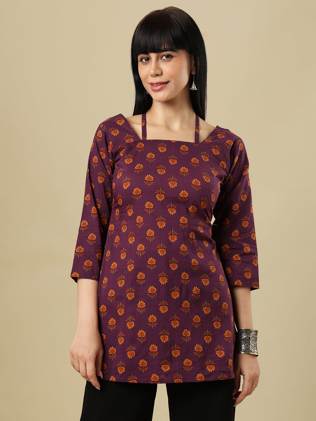 Purple Pure Cotton Hand Block Printed Short Kurti