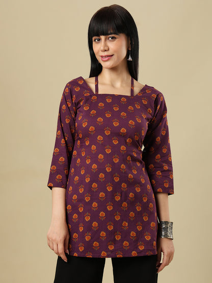 Purple Pure Cotton Hand Block Printed Short Kurti