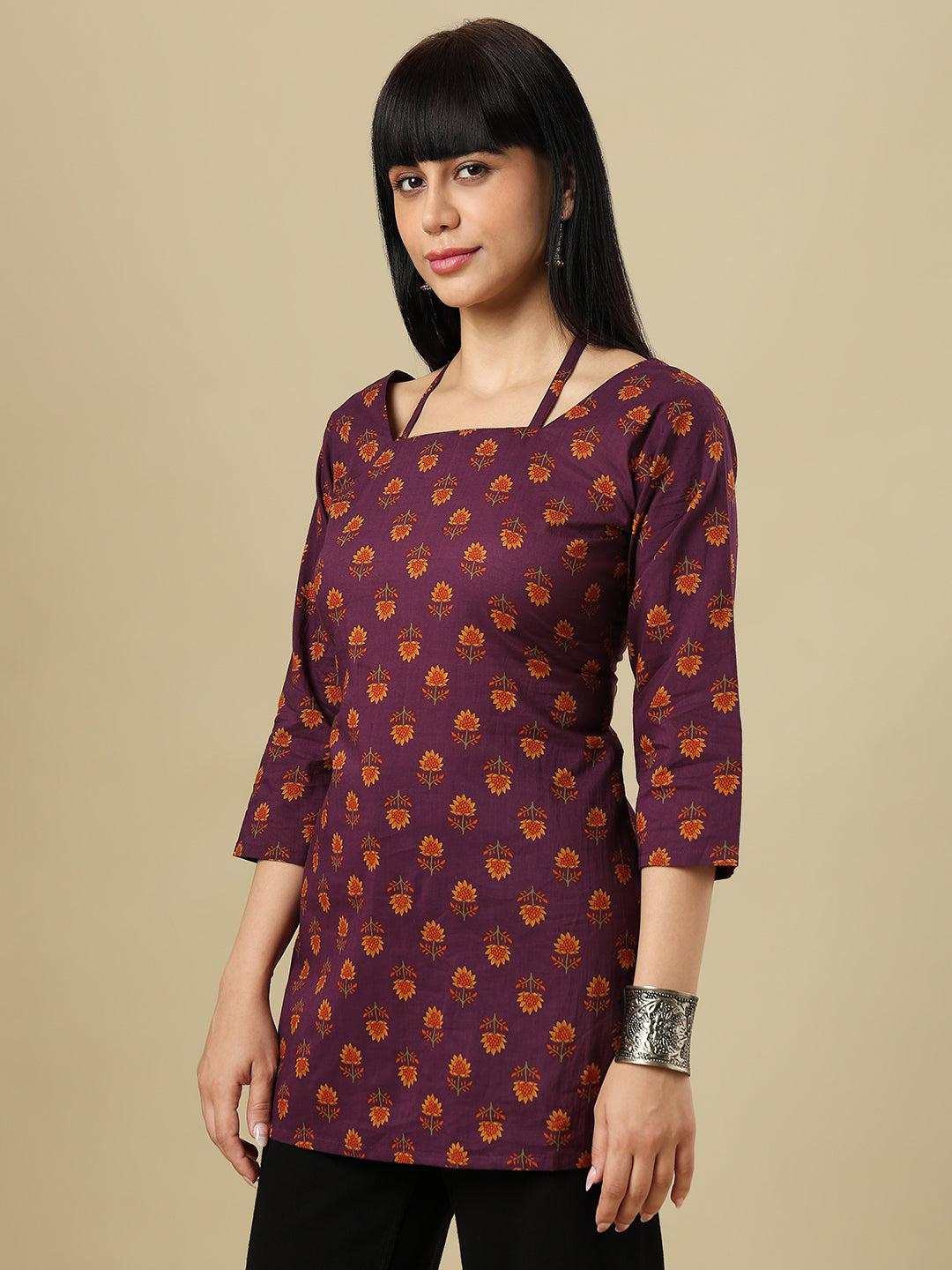 Purple Pure Cotton Hand Block Printed Short Kurti