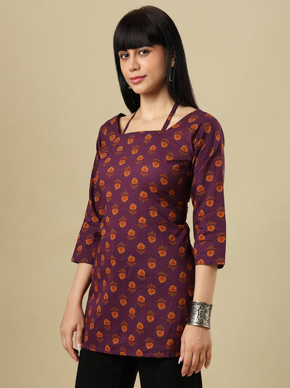 Purple Pure Cotton Hand Block Printed Short Kurti