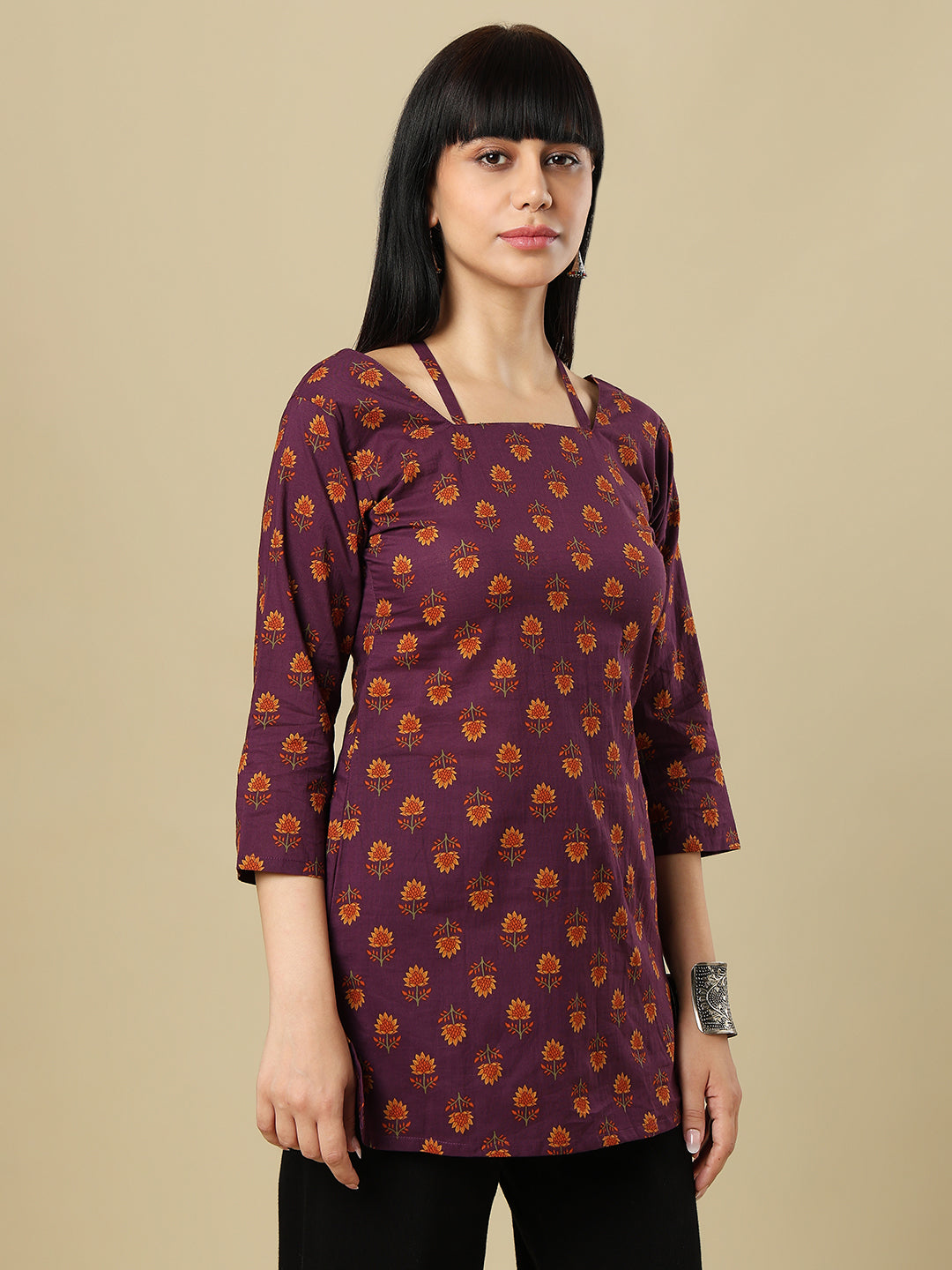 Purple Pure Cotton Hand Block Printed Short Kurti