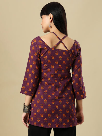 Purple Pure Cotton Hand Block Printed Short Kurti