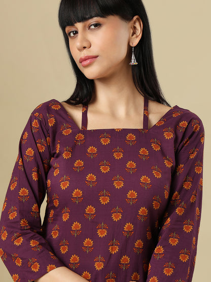 Purple Pure Cotton Hand Block Printed Short Kurti