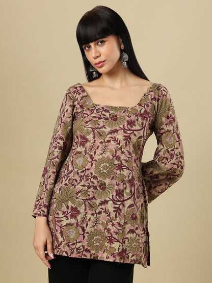 Multicolor Pure Cotton Block Printed Square Neck Short Kurti