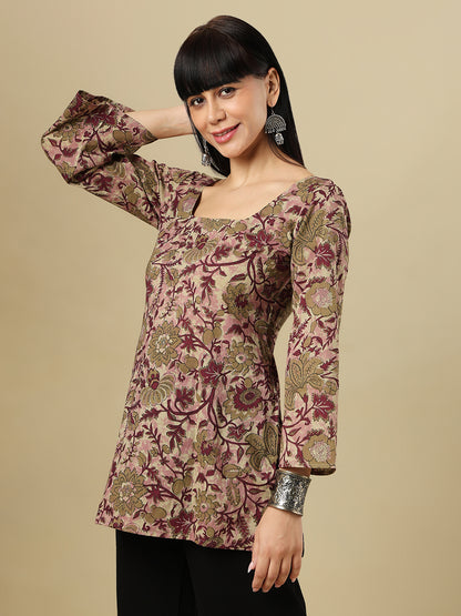 Multicolor Pure Cotton Block Printed Square Neck Short Kurti