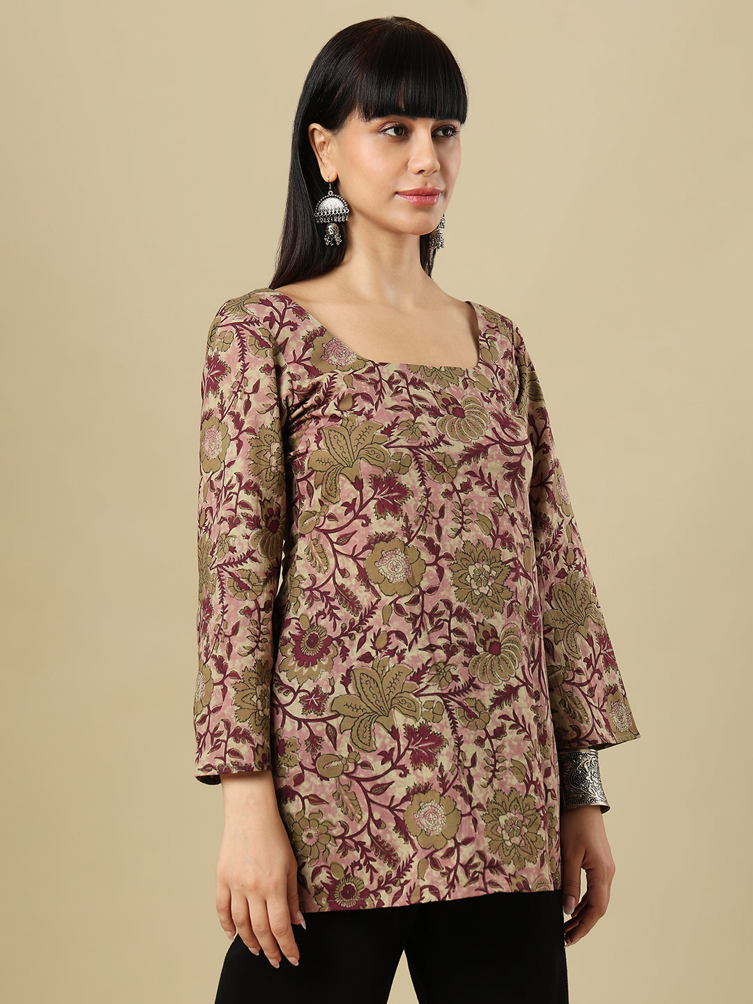 Multicolor Pure Cotton Block Printed Square Neck Short Kurti