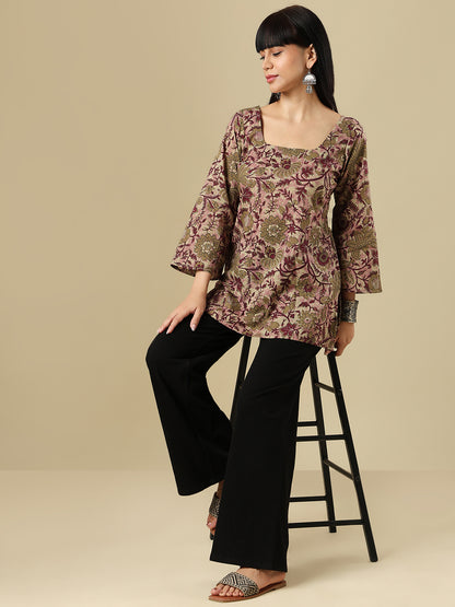 Multicolor Pure Cotton Block Printed Square Neck Short Kurti