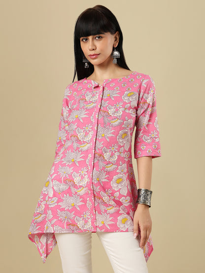 Pink Pure Cotton Hand Block Printed Short Kurti