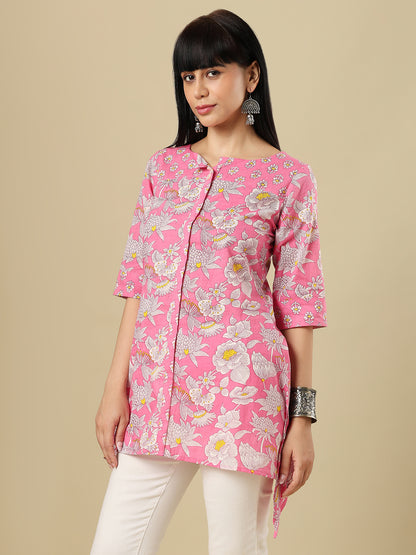 Pink Pure Cotton Hand Block Printed Short Kurti