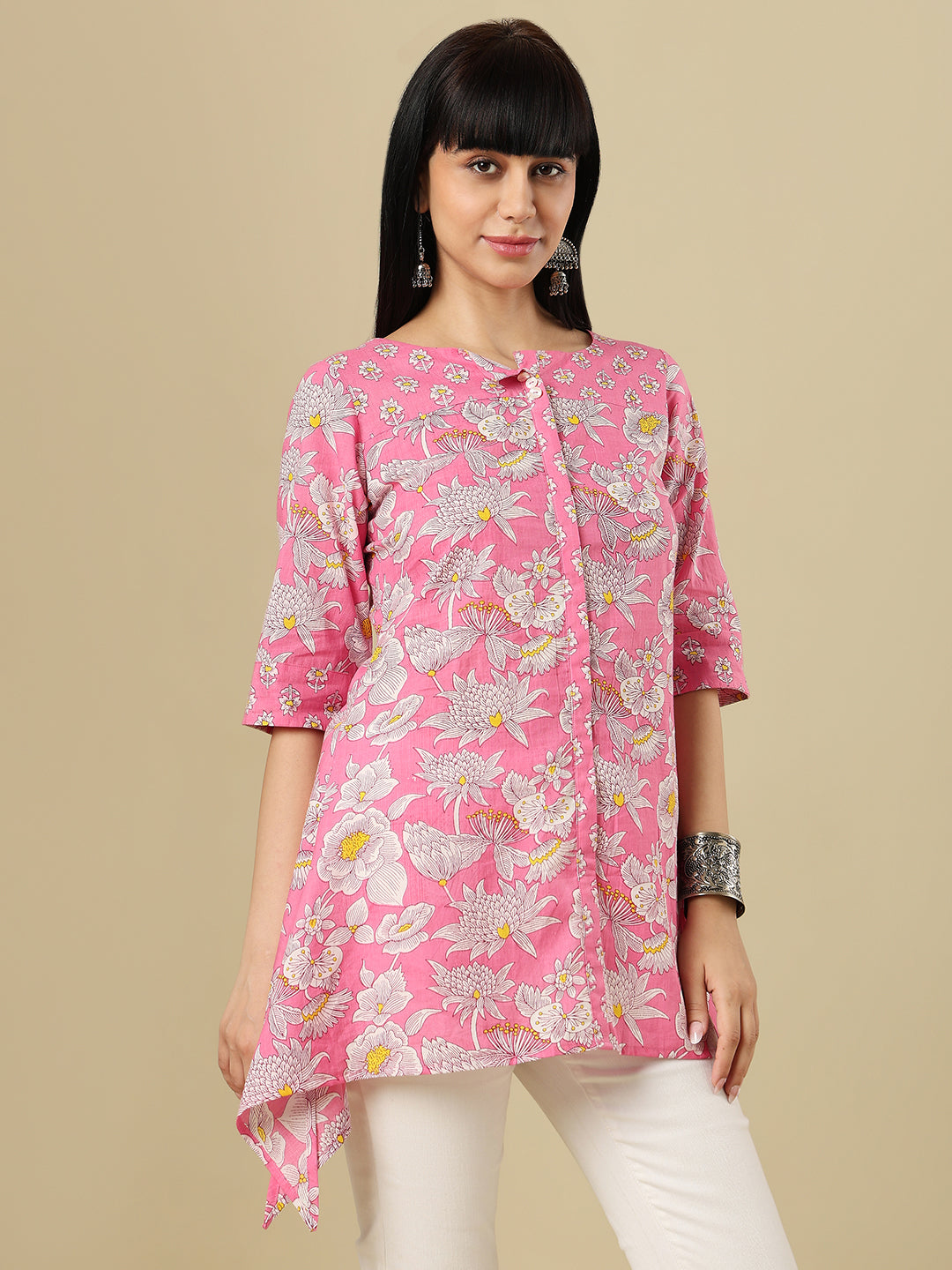 Pink Pure Cotton Hand Block Printed Short Kurti