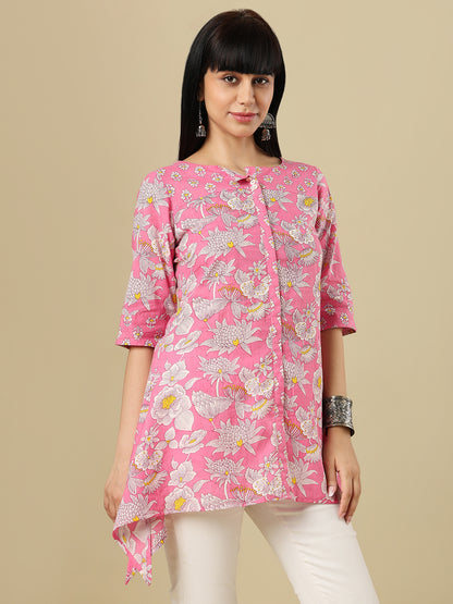 Pink Pure Cotton Hand Block Printed Short Kurti