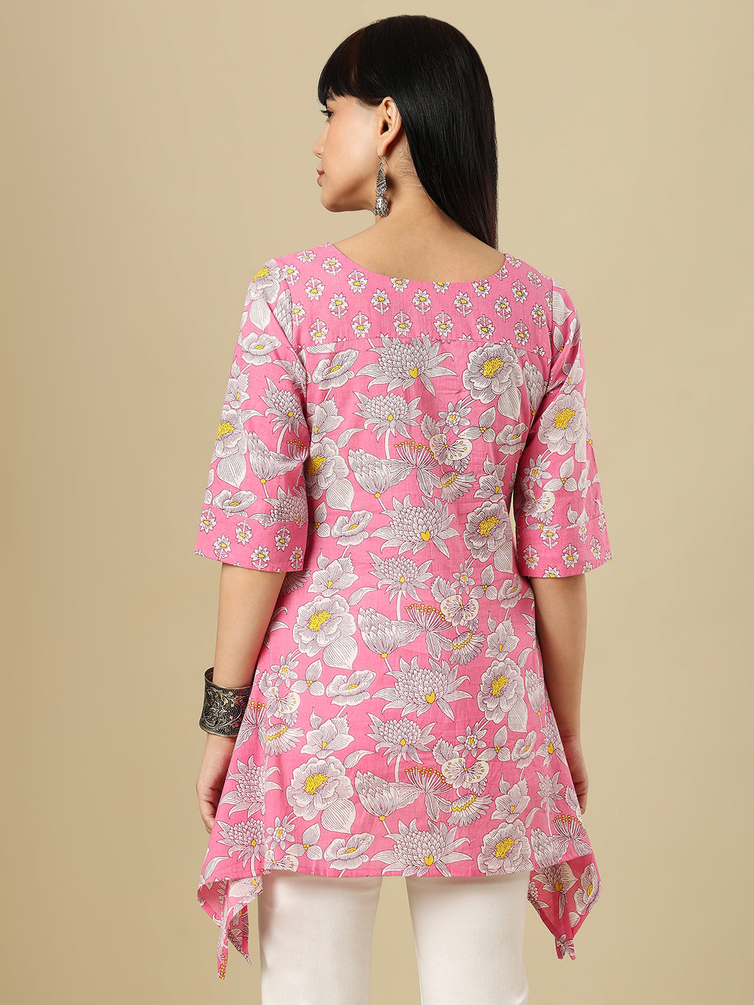Pink Pure Cotton Hand Block Printed Short Kurti